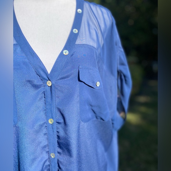 Blue Button Down Blouse With Sheer Top - Picture 3 of 3